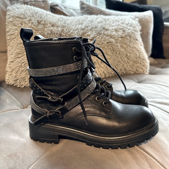 Black Studded Rhinestone Combat Moto Boot - Picture 6 of 8